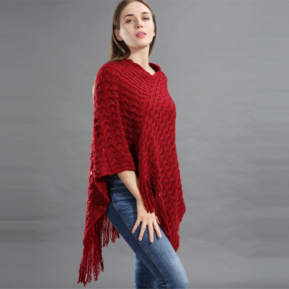❤️5/$15💚Assimetrical Knit Openwork Shevron Red Poncho with Fringe ONE PLUS Size - Picture 2 of 4